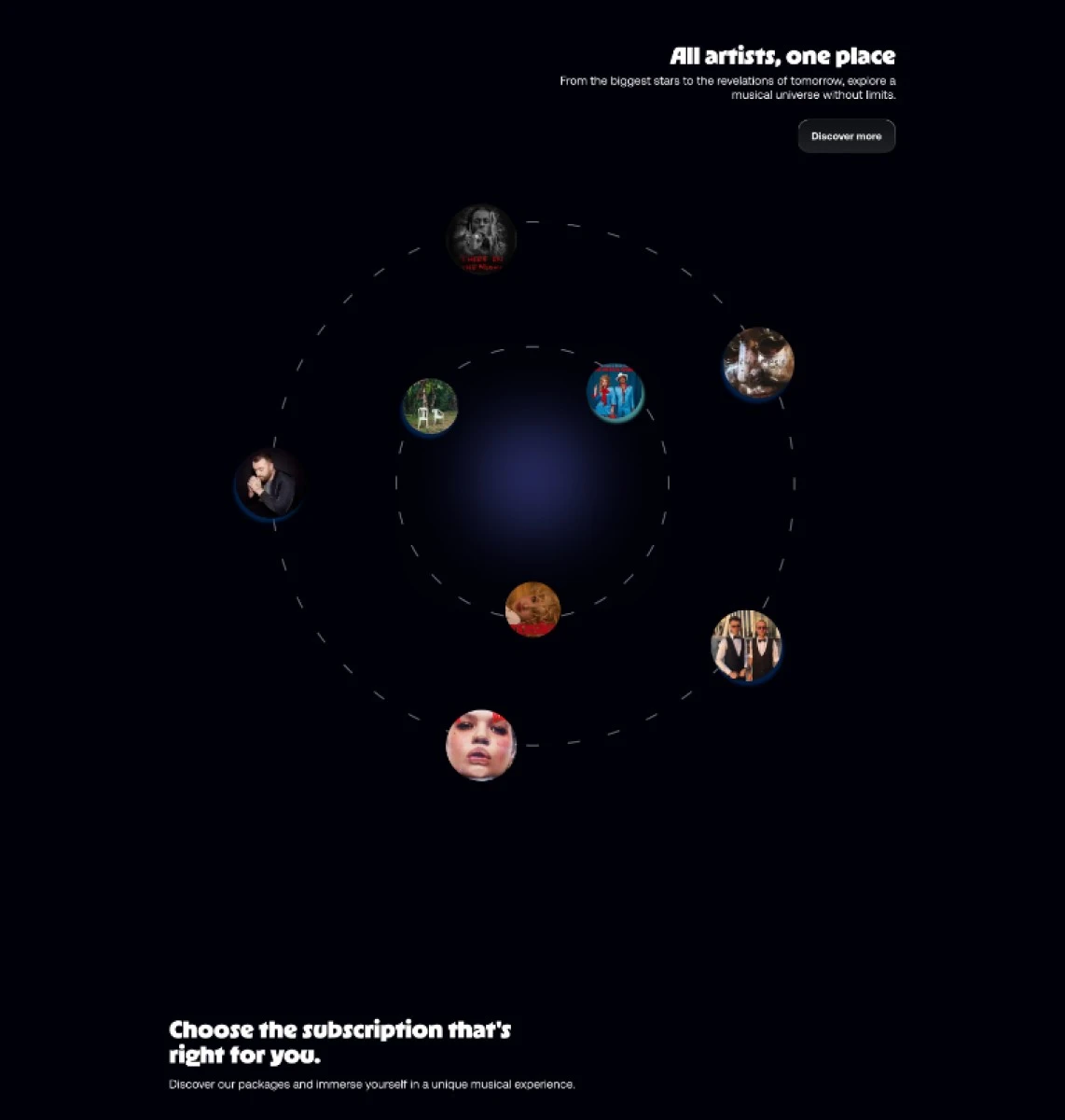 Capture du concept Audium : section artistes organisée sur des orbites, et début des abonnements.