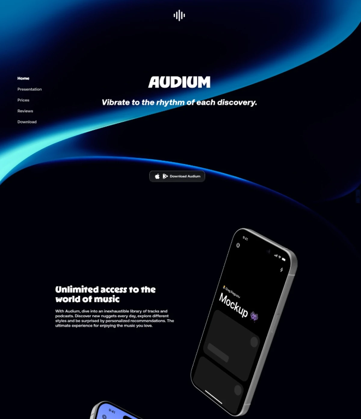Capture du concept Audium : accueil sombre, vagues bleues, navigation et mockup de téléphone.