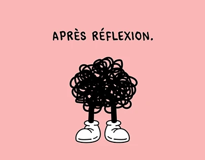 Après Réflexion. : Un personnage à la tête foisonnante accompagne la signature Après Réflexion. Une identité illustrée sur fond rose.