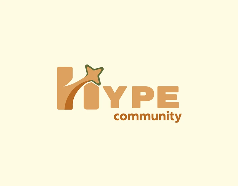 HypeCommunity : Une étoile et un monogramme accompagnent la signature HypeCommunity. Une identité déclinée dans des tons chauds sur fond clair.