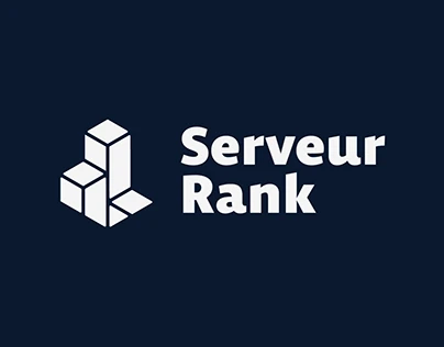 Serveur-Rank : Une construction de cubes et une signature typographique blanche sur fond bleu sombre. Une identité présentée dans le portfolio graphique.