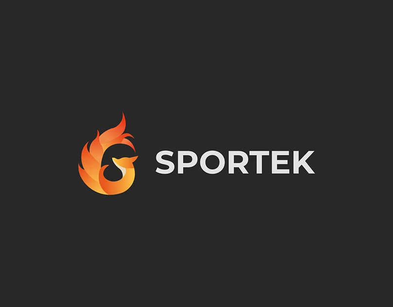 Sportek : Un symbole de flamme accompagne Sportek. La présentation réunit l’identité et un portfolio numérique aux grandes surfaces colorées.