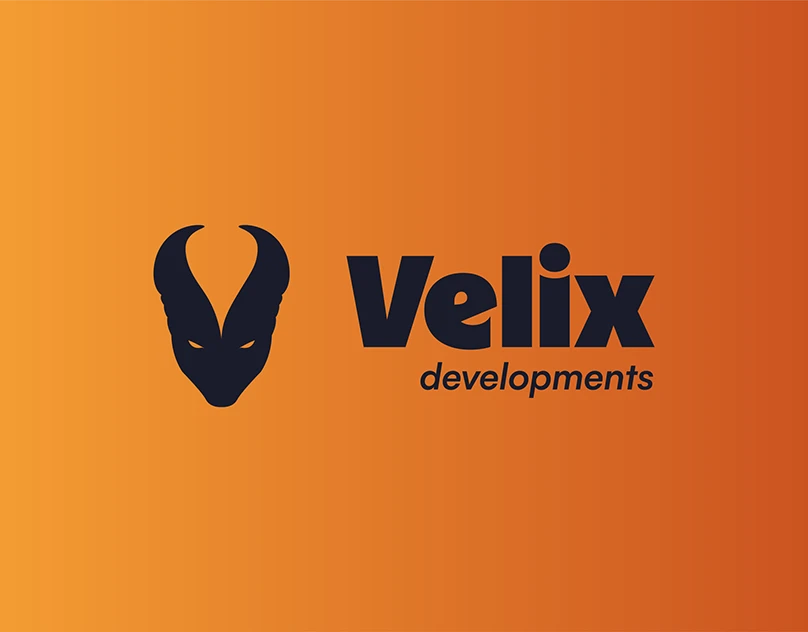 Velix developments : Un symbole animal et une signature typographique sombre sur fond orange. Une identité visuelle publiée dans le portfolio.