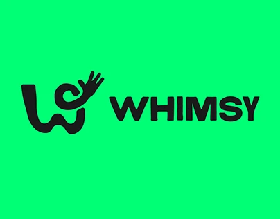 Whimsy : Un signe souple dessiné comme une main et un mot-symbole noir sur vert vif. Une identité au caractère direct et expressif.