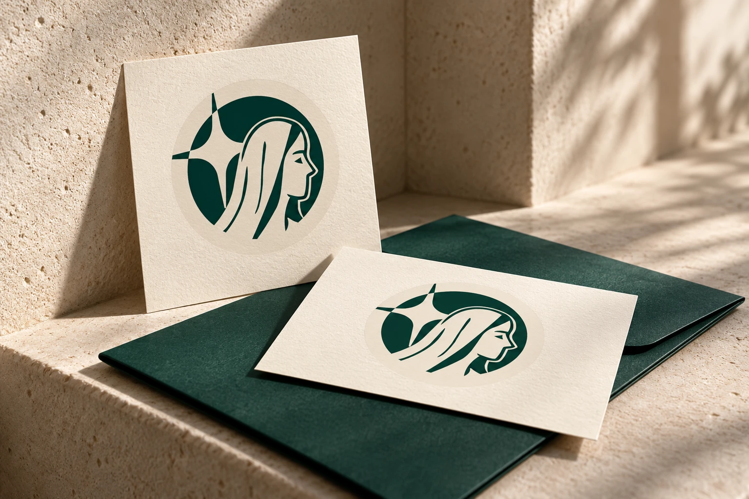 Mockup LesVestales : cartes crème et pochette vert sombre en lumière naturelle.