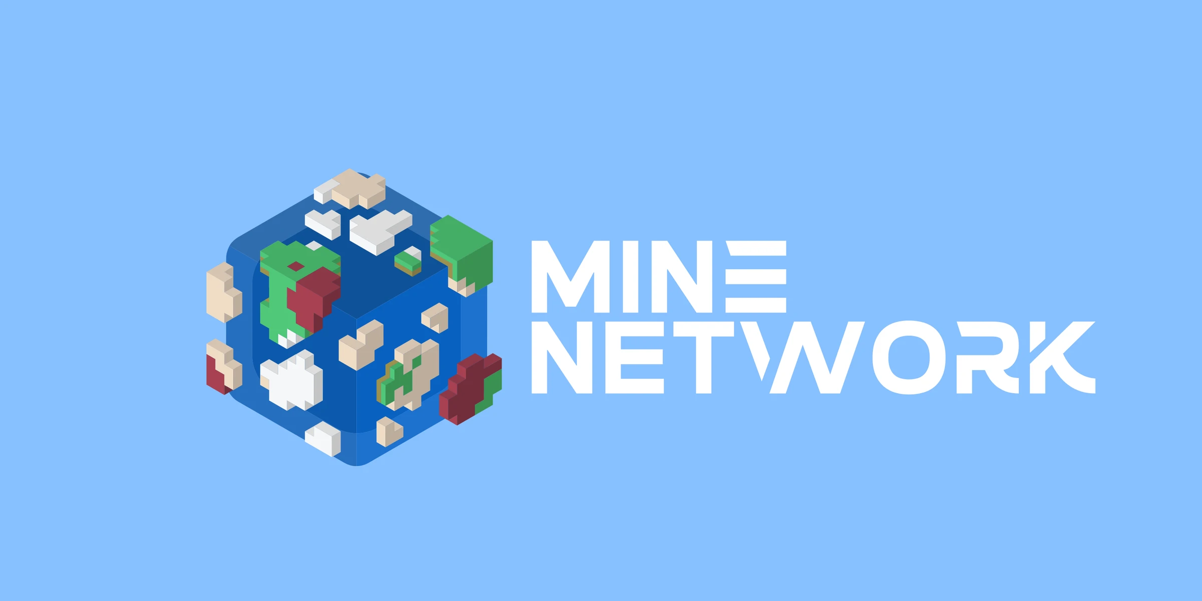 Identité MineNetwork : composition cubique colorée et signature blanche sur bleu.