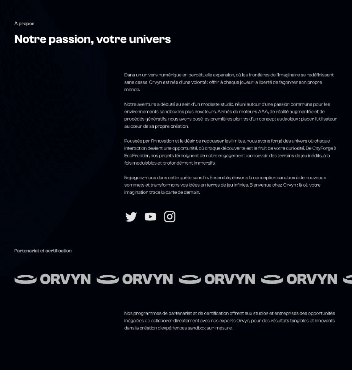 Capture du concept Orvyn : présentation éditoriale et section de partenariat de la maquette.
