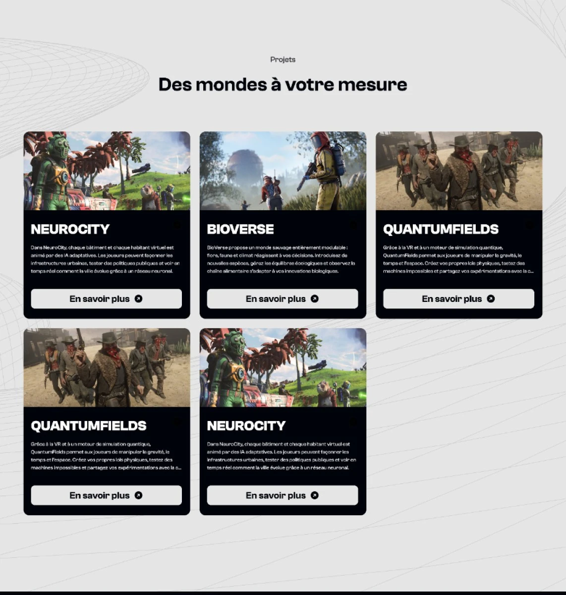 Capture du concept Orvyn : grille de projets de jeux sandbox fictifs dans la maquette.