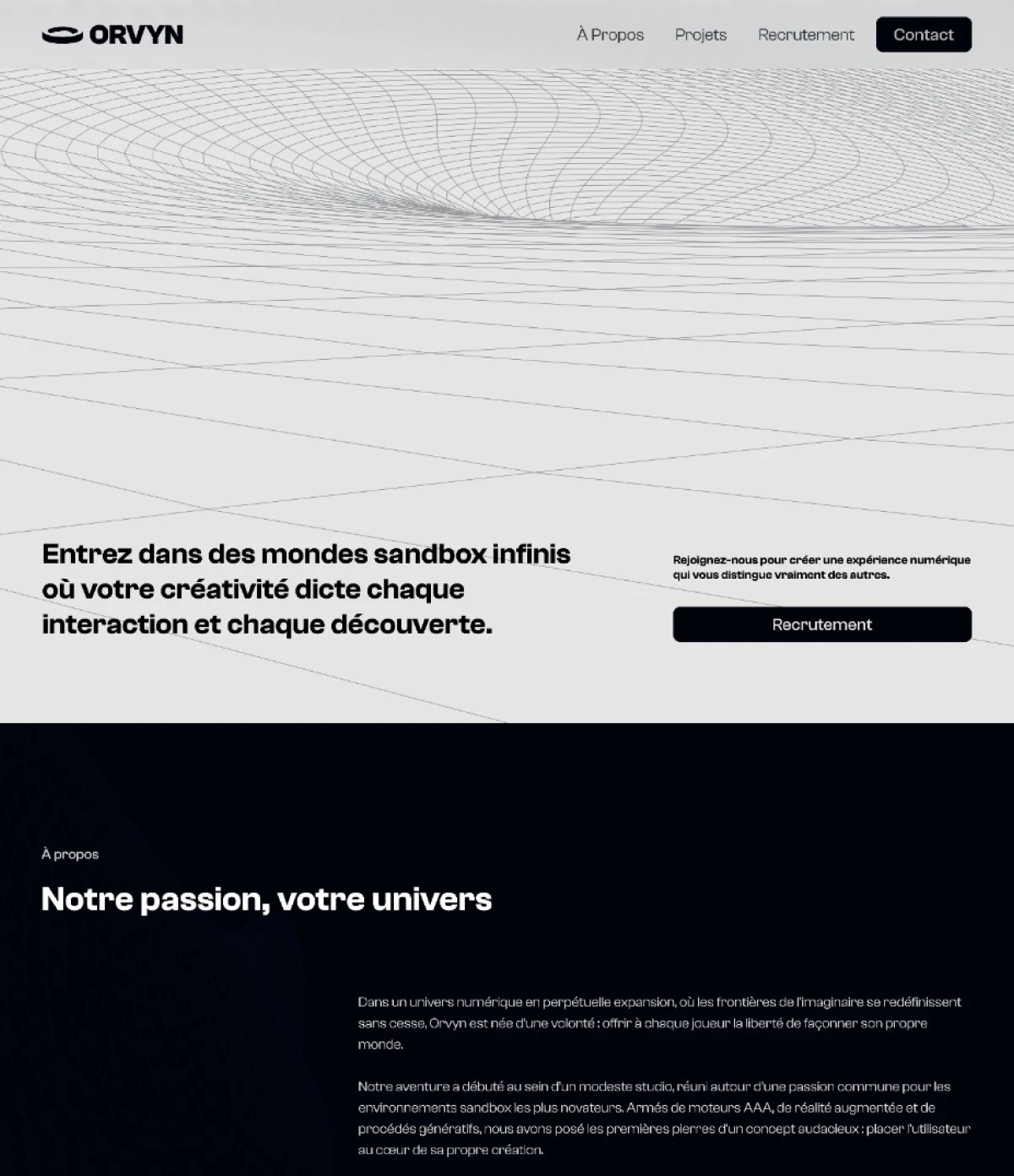 Capture du concept Orvyn : navigation, grand visuel filaire, titre et début de la présentation.