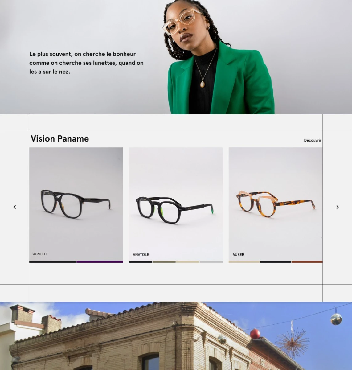 Capture du concept Paname : citation, catalogue de montures et début de la section boutique.