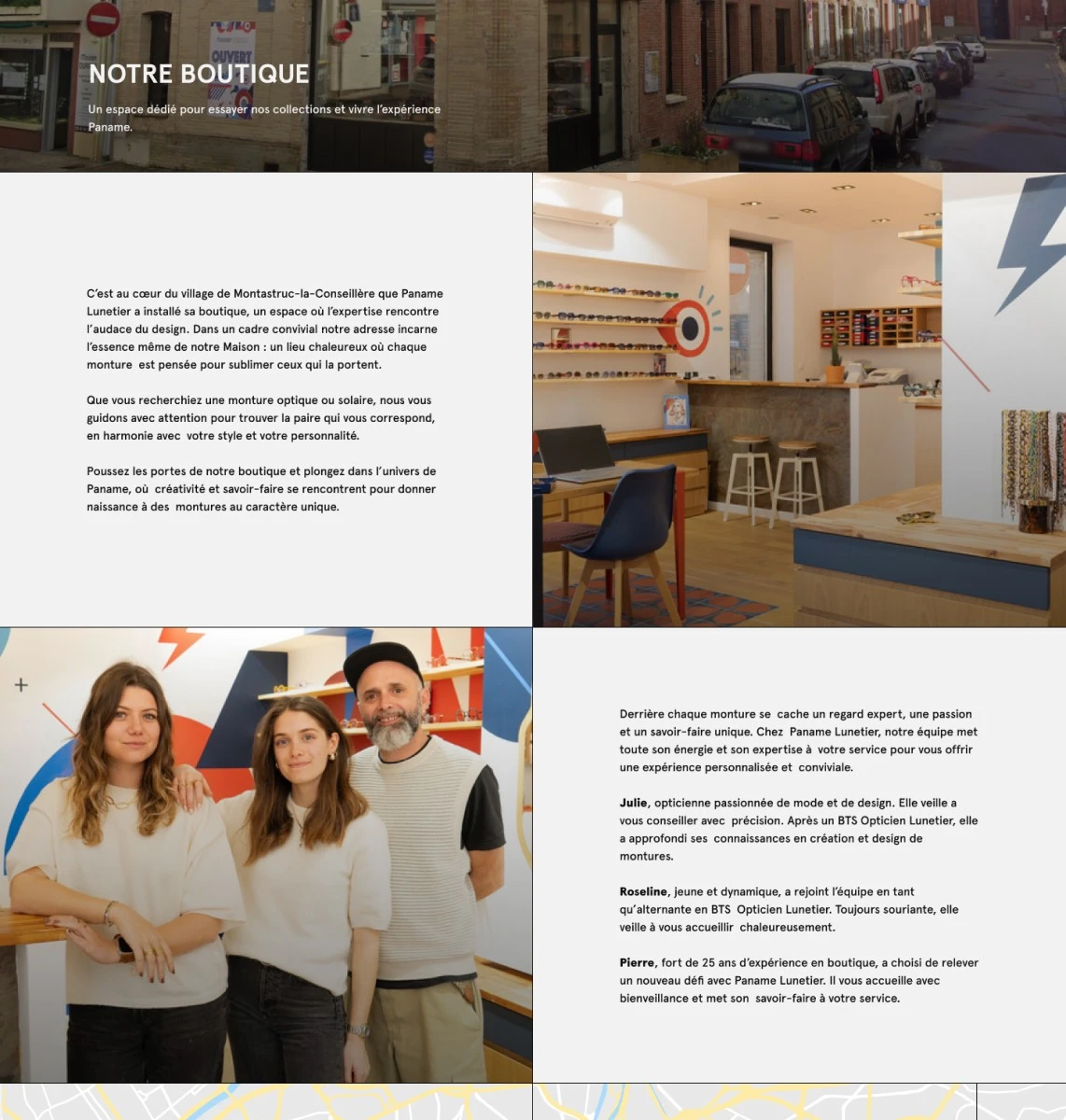 Capture de la page boutique du concept Paname : sections éditoriales, photographies de boutique et présentation de l’équipe.
