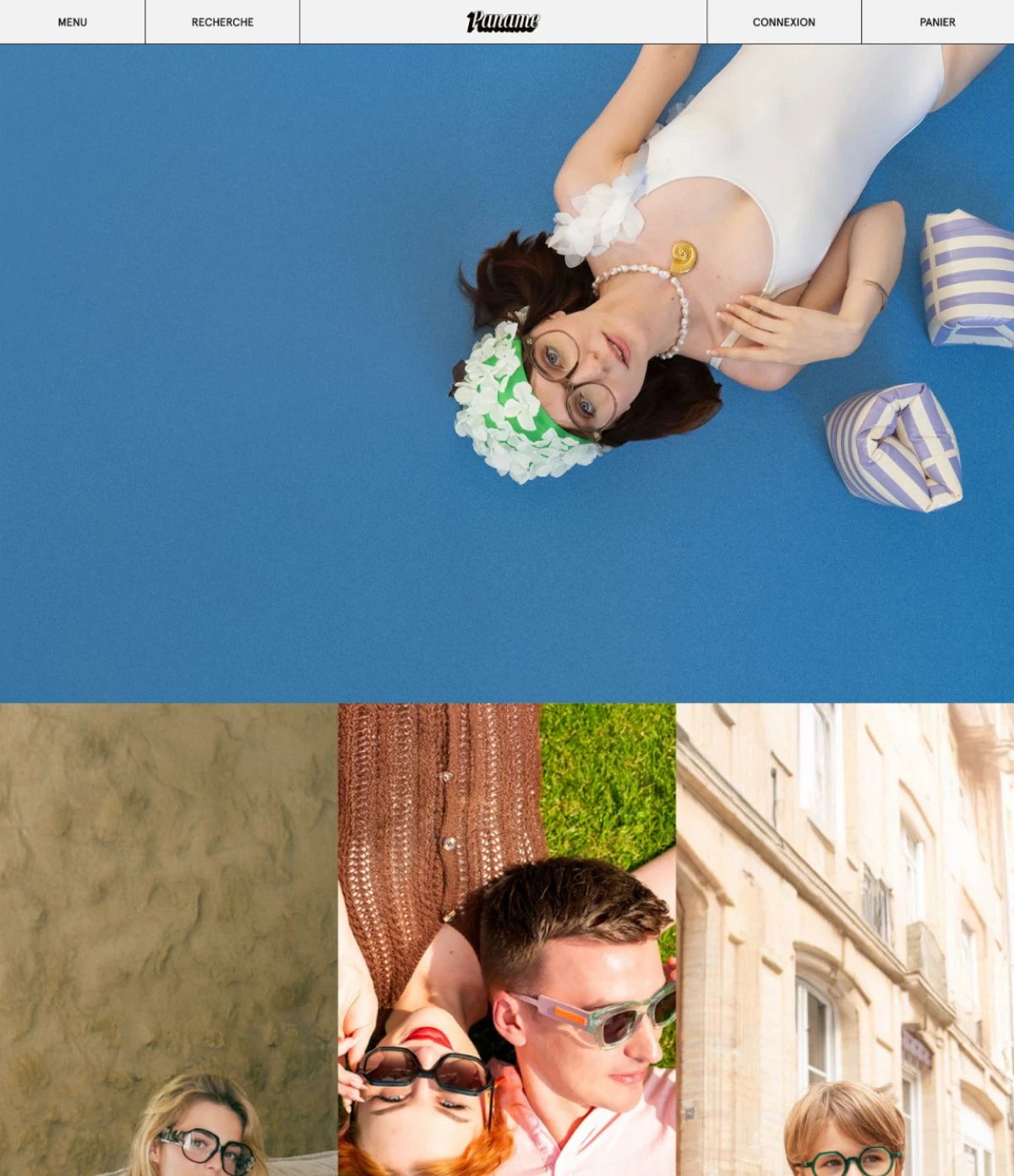 Capture du concept Paname Eyewear : navigation, photographie principale et composition de portraits portant des lunettes.