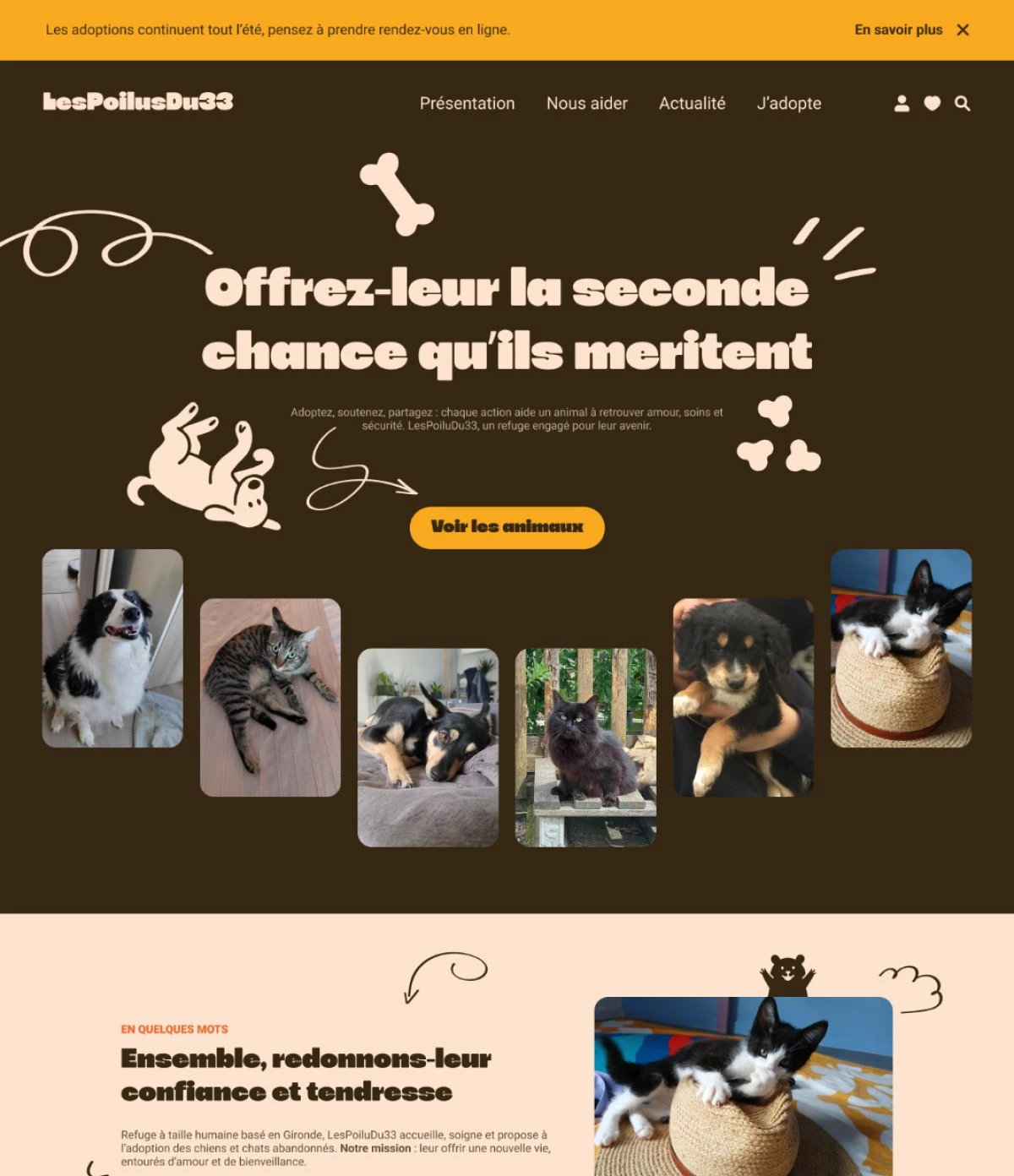 Capture du concept LesPoilusDu33 : accueil brun et pêche, titre, illustrations et galerie d’animaux.