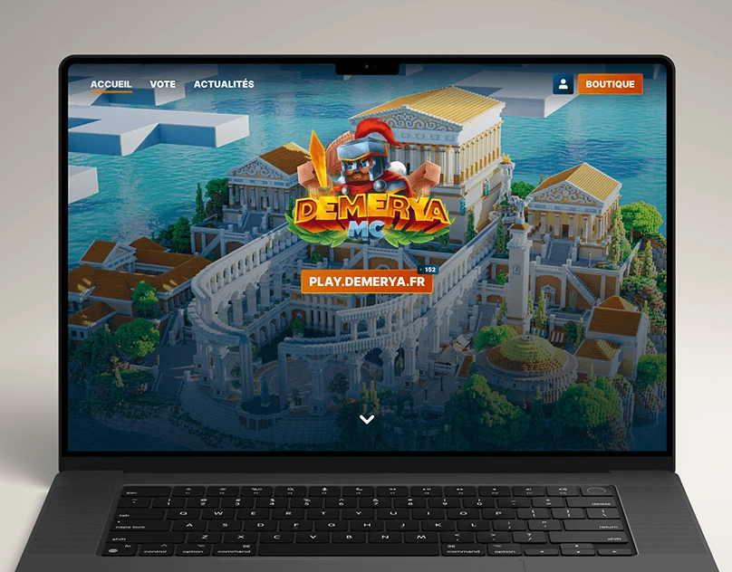 Demerya : Une interface de jeu présentée dans un univers architectural coloré. Le projet met en scène l’accueil et ses accès principaux.